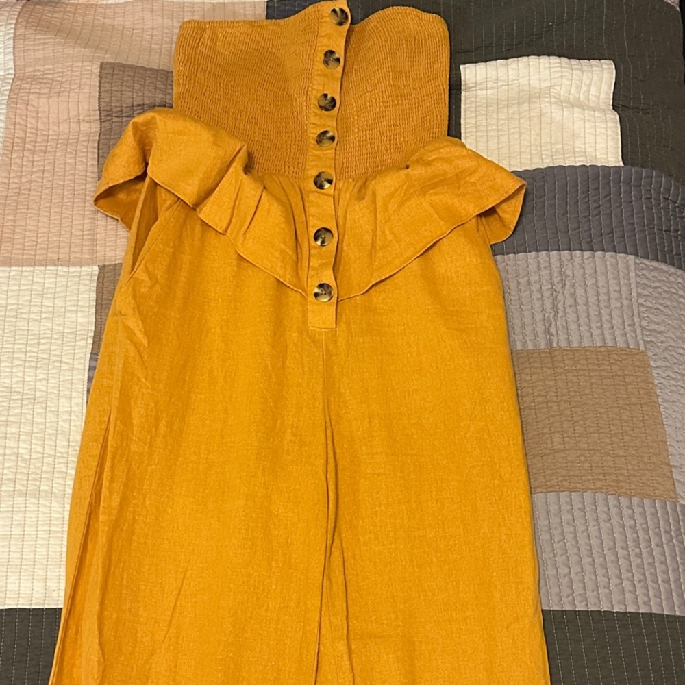 Urban Outfitters Mustard Yellow Strapless Ruffle Jumpsuit